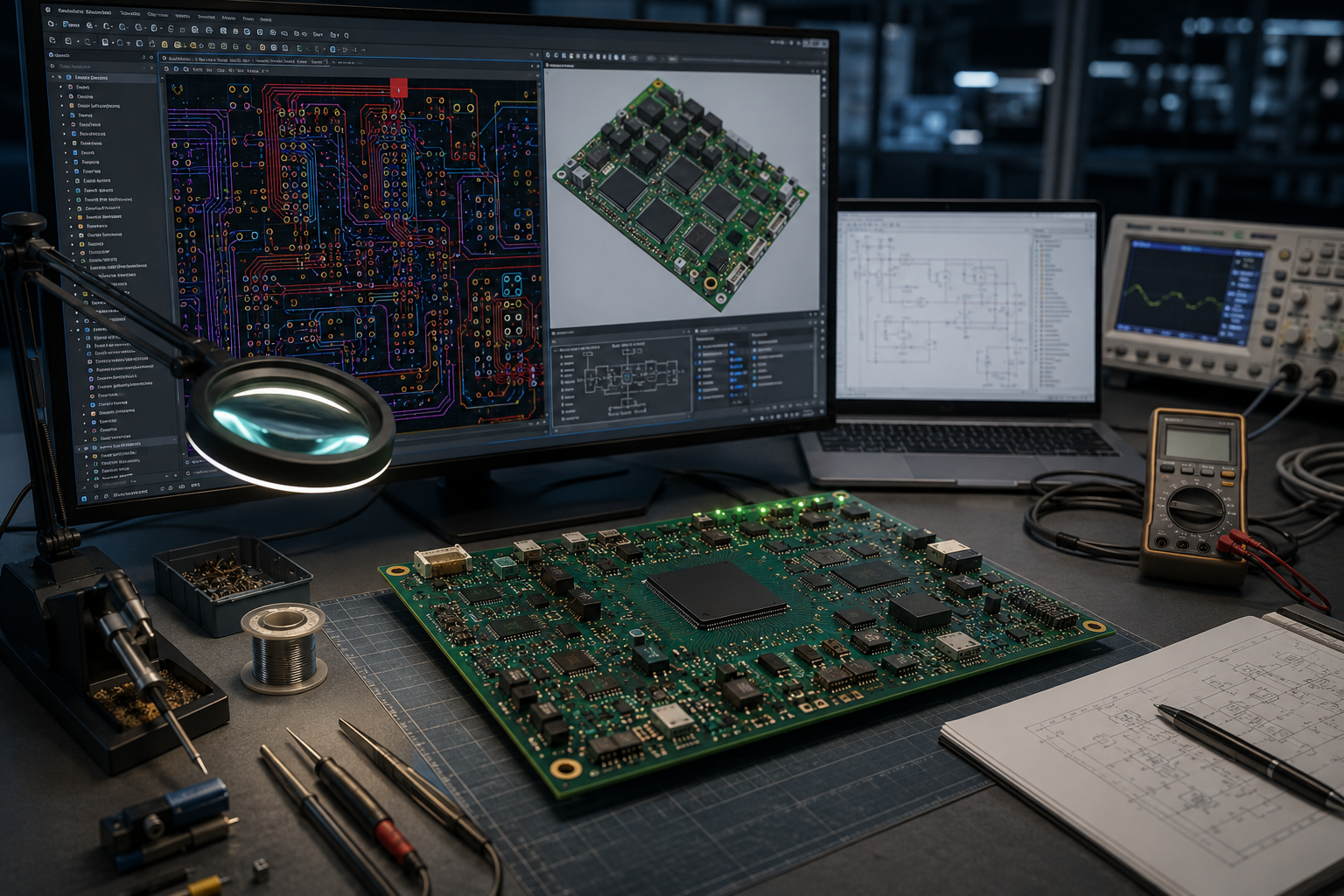 Electronics workbench with a PCB layout on screen, a populated circuit board under a magnifier, oscilloscope and multimeter