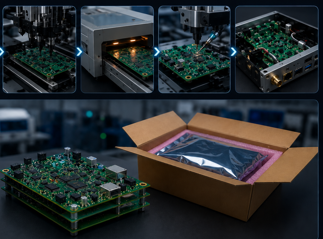 Build to print manufacturing flow: automated pick-and-place, reflow oven, inspection and a finished assembled unit, with stacked boards and a packaged product