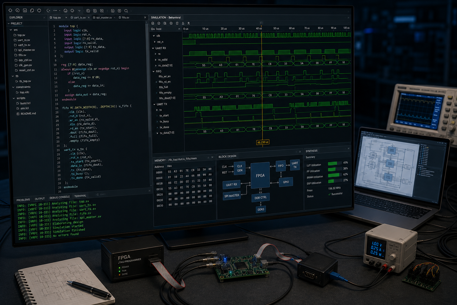 FPGA development workstation showing HDL source code, simulation waveforms and an FPGA block diagram, with an FPGA programmer and board on the bench