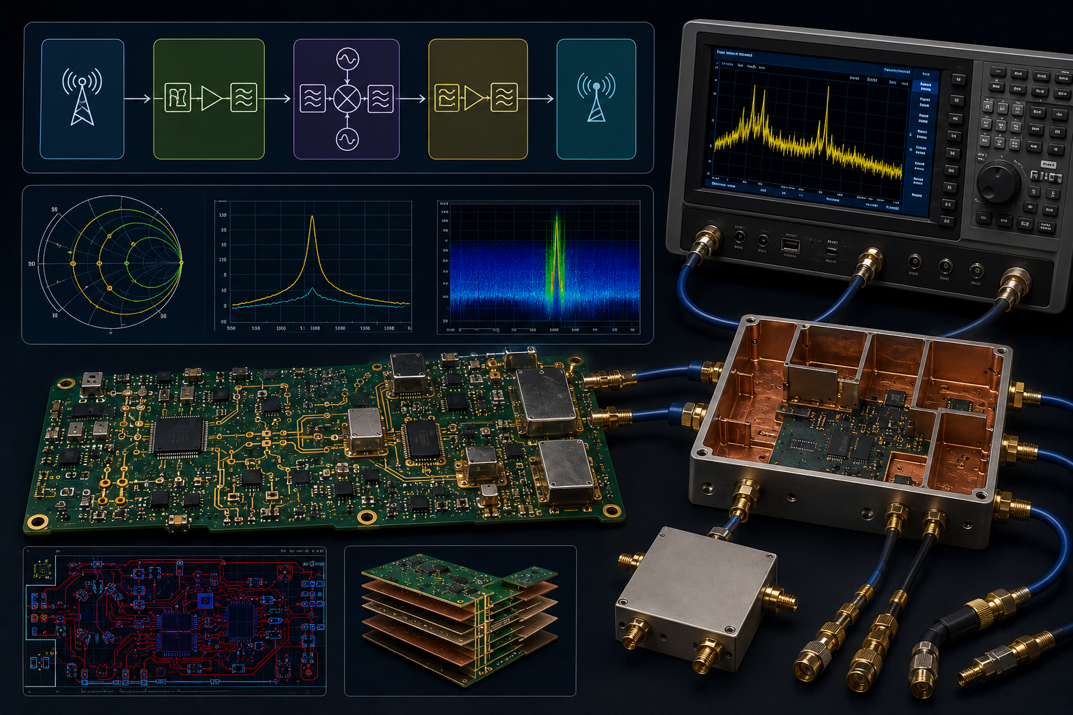 RF design overview: RF signal chain block diagram, Smith chart and frequency response plots, a spectrum analyser, and RF boards with shielded enclosures