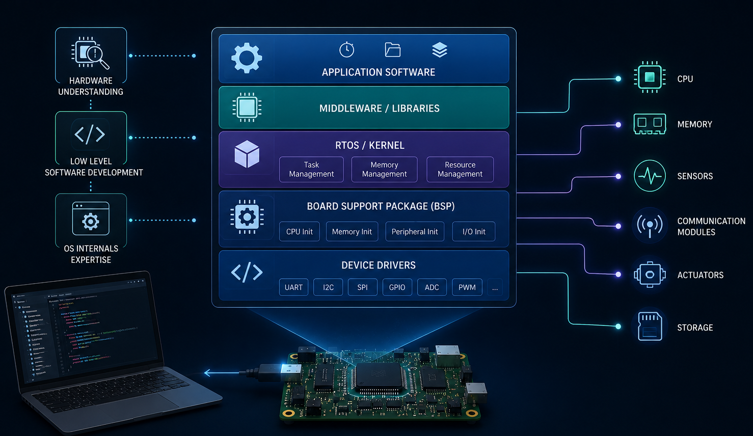 Embedded software stack diagram: application software, middleware / libraries, RTOS / kernel, board support package and device drivers, connected to CPU, memory, sensors and peripherals