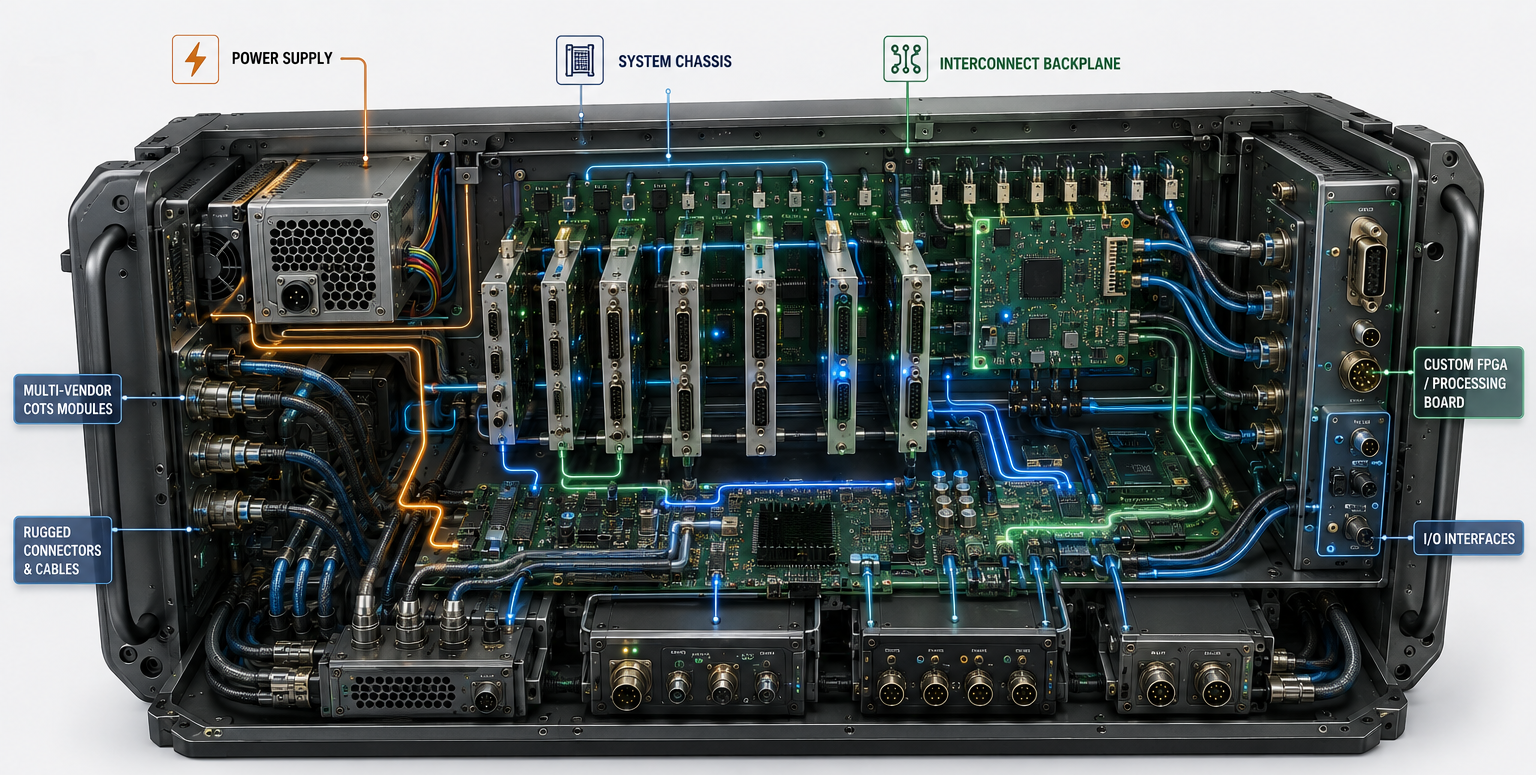 Rugged system chassis with labelled power supply, system chassis, interconnect backplane, multi-vendor COTS modules, custom FPGA / processing board and I/O interfaces