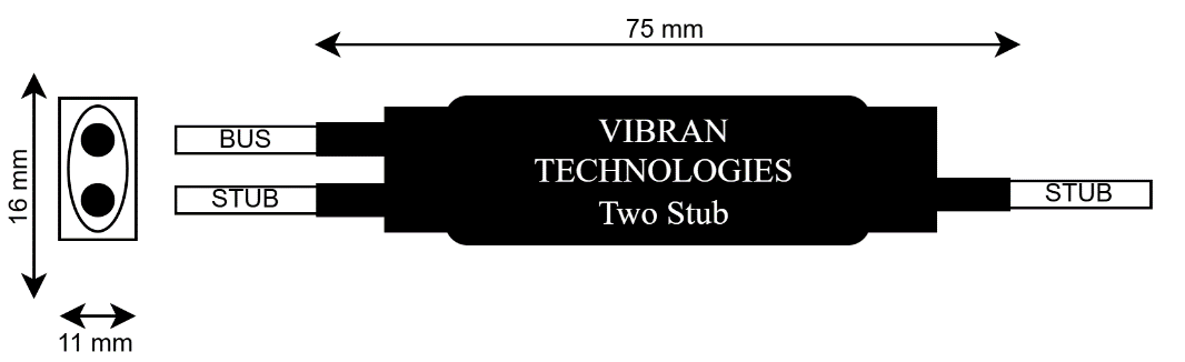 Two Stub + Terminator inline data bus coupler — VT1002-2S-TR mechanical drawing