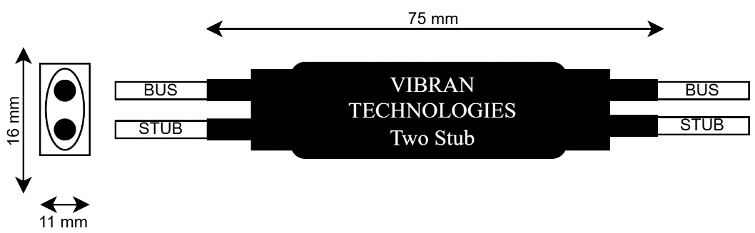Two Stub inline data bus coupler — VT1002-2S mechanical drawing
