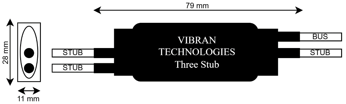 Three Stub + Terminator inline data bus coupler — VT1002-3S-TR mechanical drawing