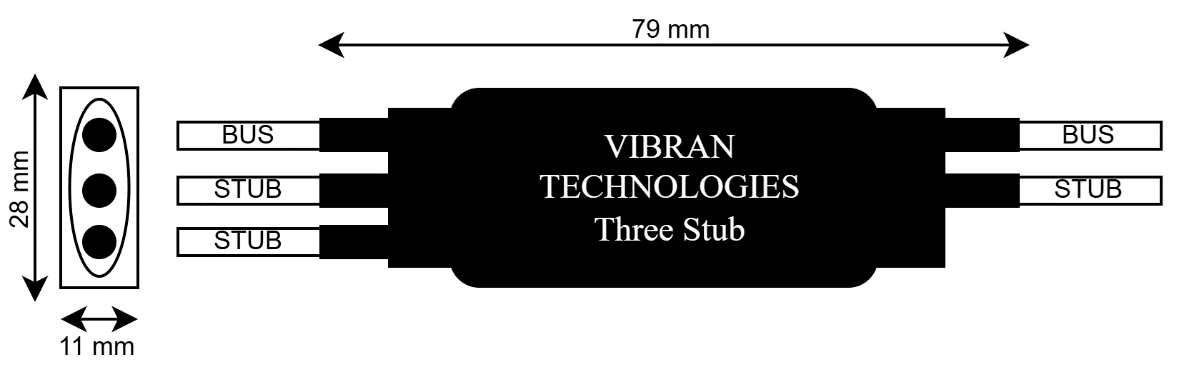 Three Stub inline data bus coupler — VT1002-3S mechanical drawing