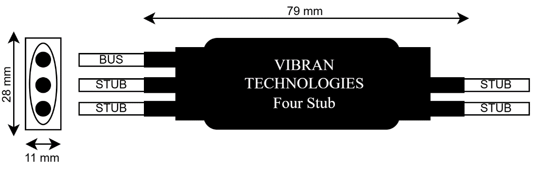 Four Stub + Terminator inline data bus coupler — VT1002-4S-TR mechanical drawing